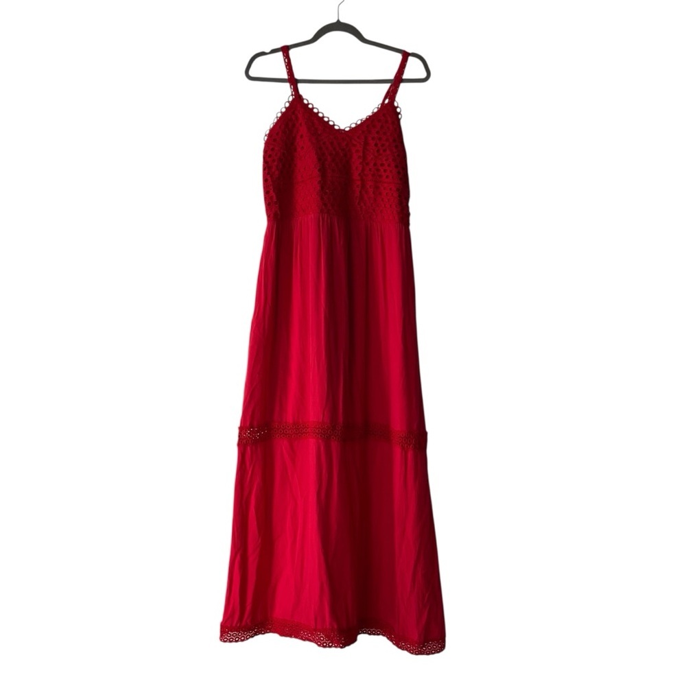 Red Maxi Dress with Lace Trim - Women Dresses Maxi